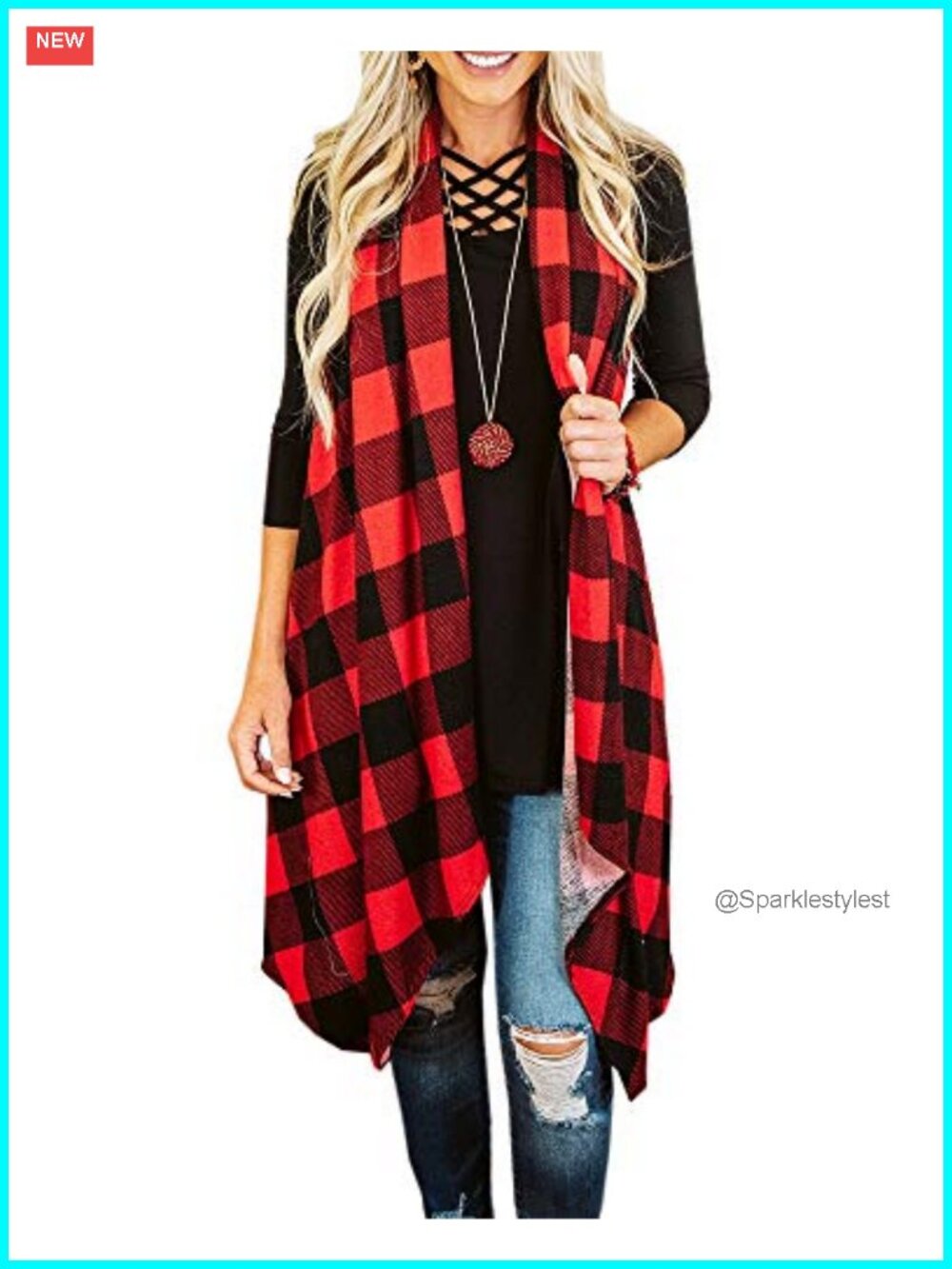Womens Plaid Open Front Sleeveless Duster Cardigan Lightweight Vest Coat with